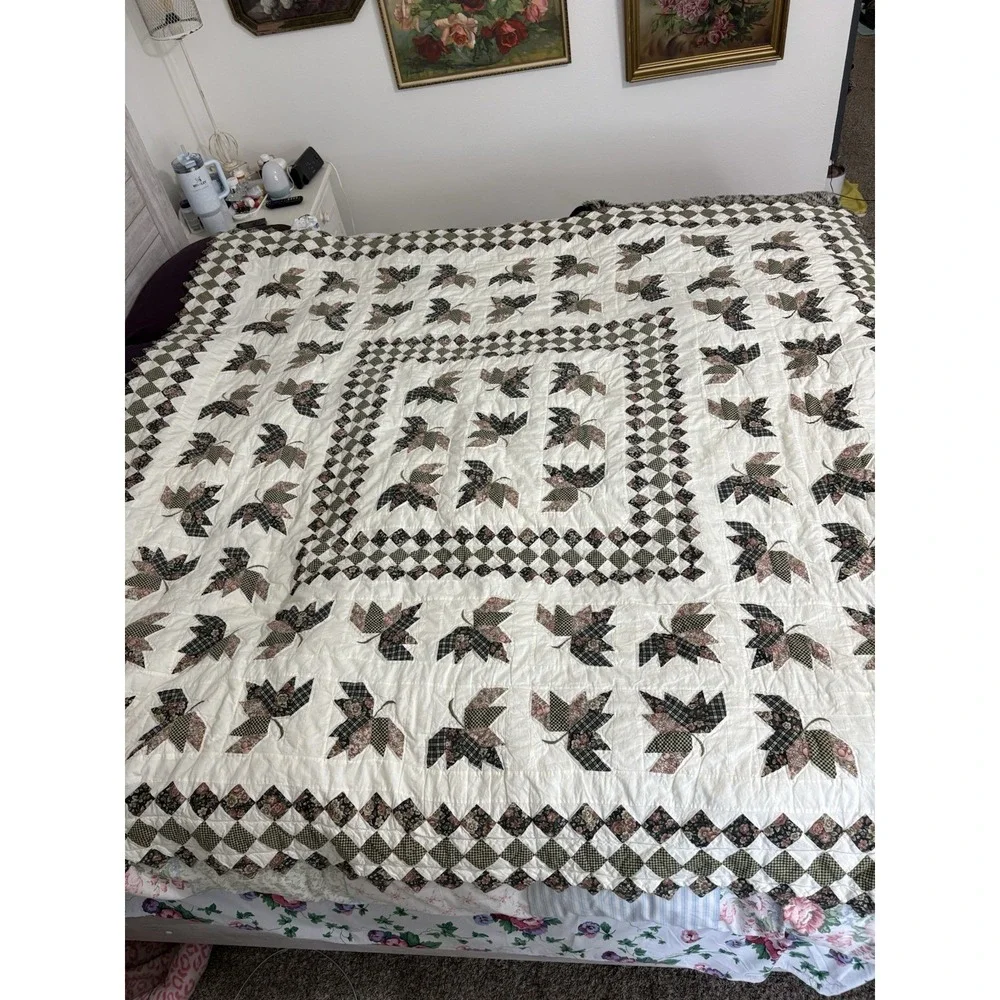 Vtn Handmade Quilt Full Leaves 100% Cotton Cream Sage With Two Shams‎ 76